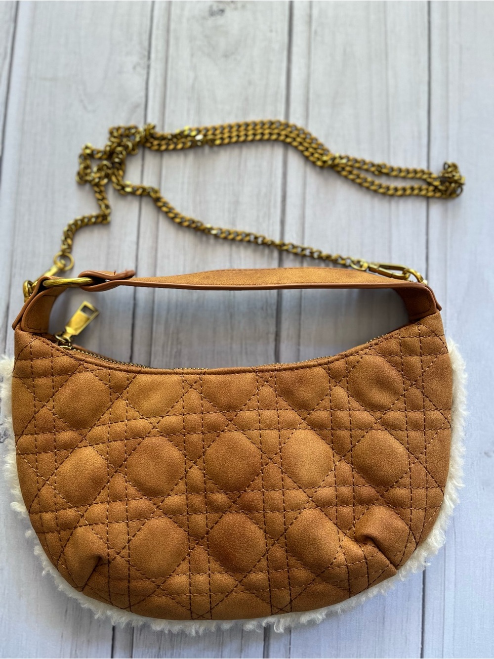 Women’s Antik Kraft tan faux quilted suede Sherpa trim crossbody hand bag purse